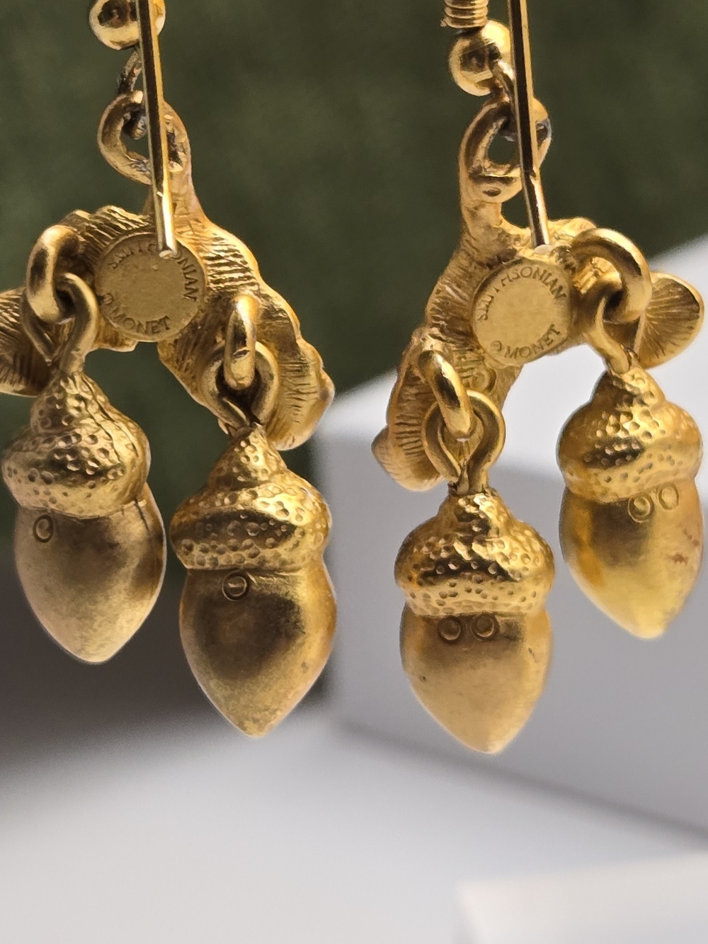 Monet Gold Acorn and Leaf Drop Earrings - Vintage Monet Earrings - Picture 7 of 16
